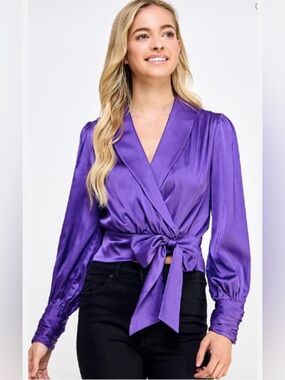 NWT Milk & Honey Purple crop blouse long sleeve Wrap V-Neck size L